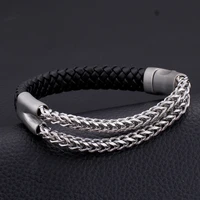 haoyi trendy mens braided leather bracelet double layer stainless steel chain accessories punk jewelry