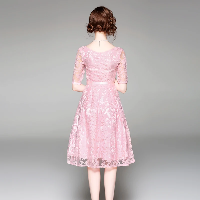 2018 сетки вышивки по колено платье Вечерние для Для женщин милые розовые платья с