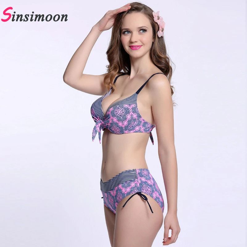 Сексуальный розовый купальник в полоску с принтом большие чашечки размеры