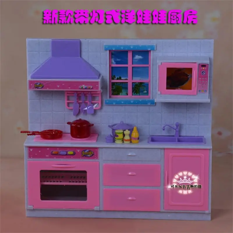 

For Barbie Doll Furniture Accessories Plastic Toy Dream Light Kitchen Kitchenware Cabinet Stoves Play House Gift Girl DIY