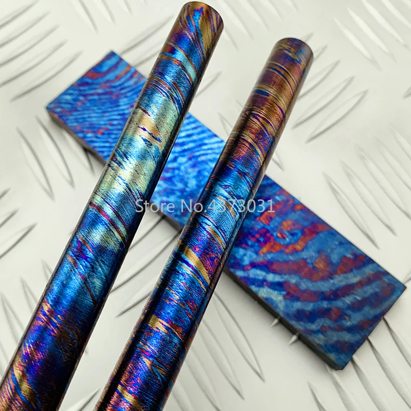 Roasted Blue Titanium EDC Material Damascus Steel Round Bar 400X14mm Twist Pattern Damascus Plate 160X40X8.5mm Jewelry Material