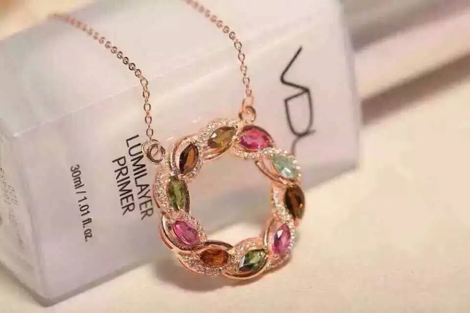 

Natural multicolor tourmaline Necklace natural gemstone Pendant Necklace S925 silver Fashion Elegant Circle fire wheel Jewelry