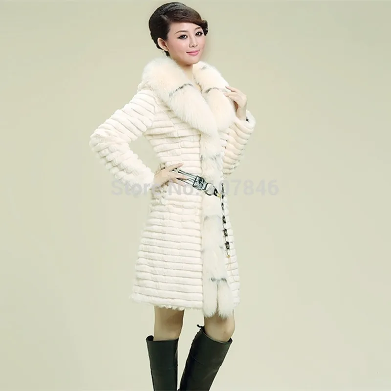 Женская Шуба из натурального кролика с лисьим меховым воротником зимний Женский