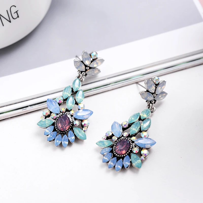 LUBOV Элегантные Синие фиолетовые кристаллы камень цветок Подвеска Висячие серьги