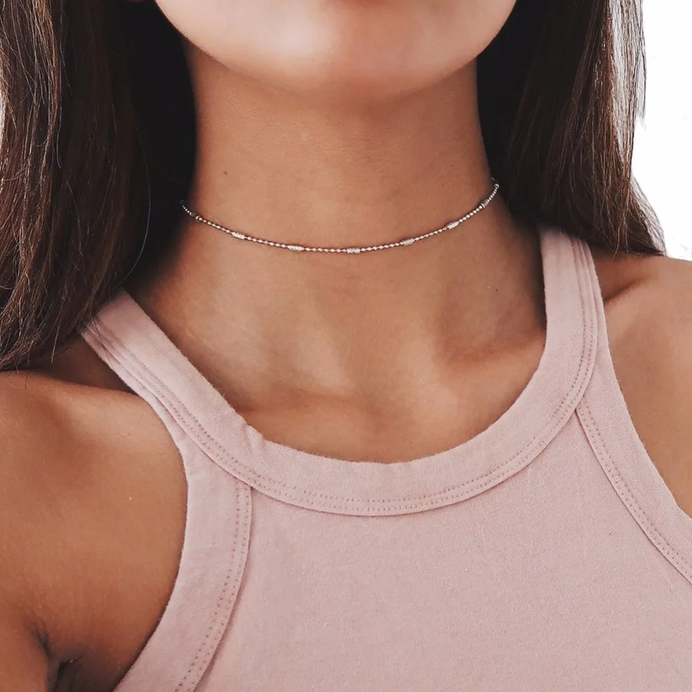 1 шт. женский модный круглый чокер с бусинами Ожерелье Золотая серебряная цепочка