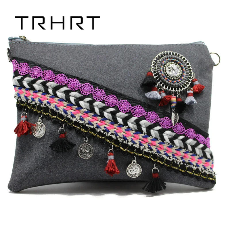 

Gray Bohemian handBag Brand Designer Handmade Tassel Zinc Alloy Coin Women Crossbody Bag Leather Shoulder Bags Designer
