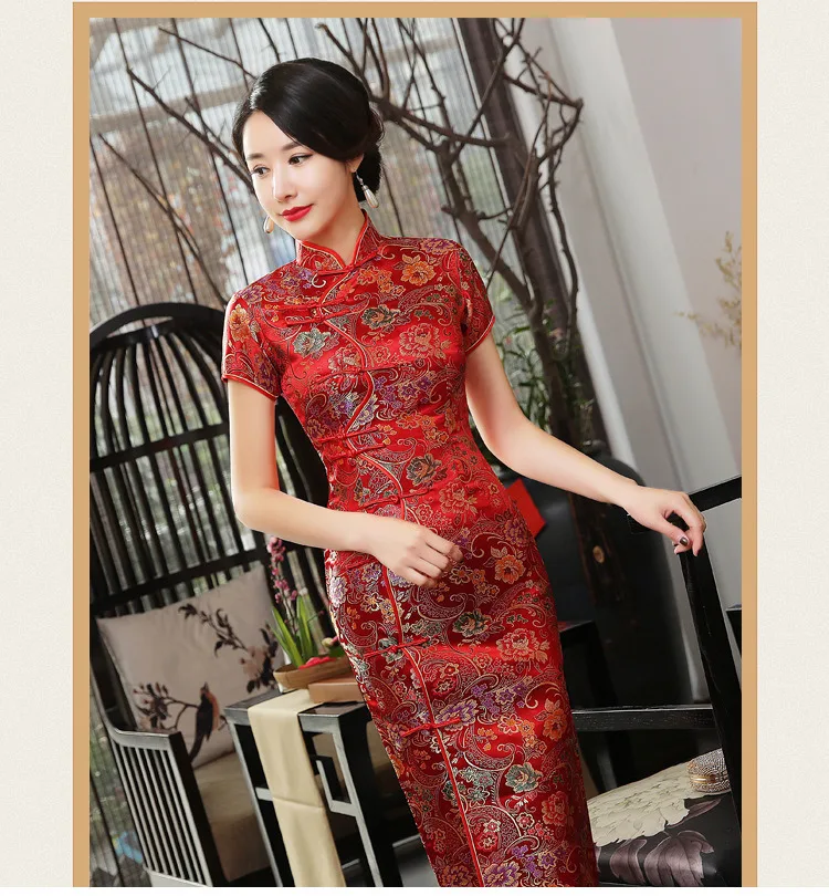 Красный цветок Qipao Китайский шелк Шанхай платье Восточный Стиль длинное платье модное красное платье Китайский косой Qipao Лето Азиатский