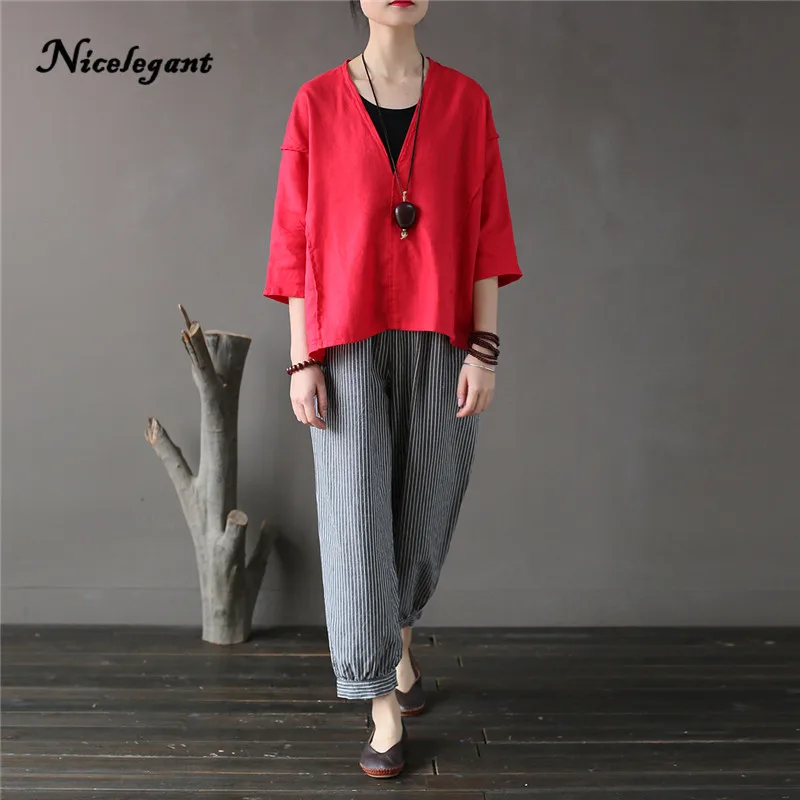Brand New T Shirt Women Solid Summer V-Neck Spliced Half Sleeve Loose Vintage Casual Sunscreen 2019 Cotton Linen Top Tees | Женская