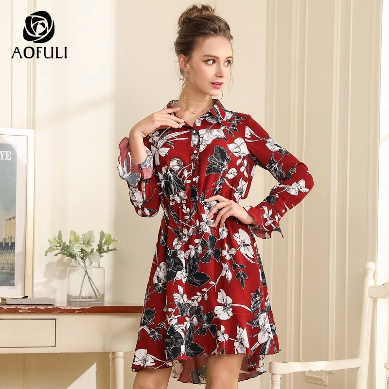 AOFULI flower print women trumpet dress ruffles autumn long sleeve shirt big size party dresses L- XXXL 4XL 5XL A3715 | Женская одежда