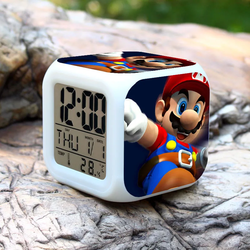 Super mario bros Детский будильник светодиодный часы мультяшный ночной Светильник вспышка 7 цветов меняющиеся цифровые часы электронные настольные часы