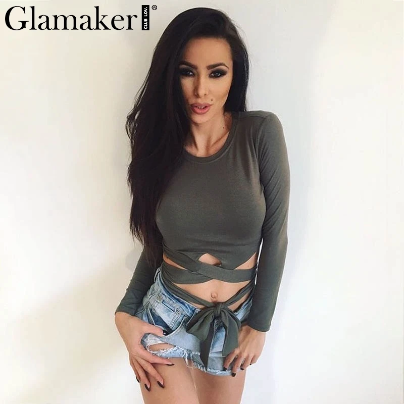 Женская футболка с длинным рукавом Glamaker летняя бандажная блузка зеленого цвета