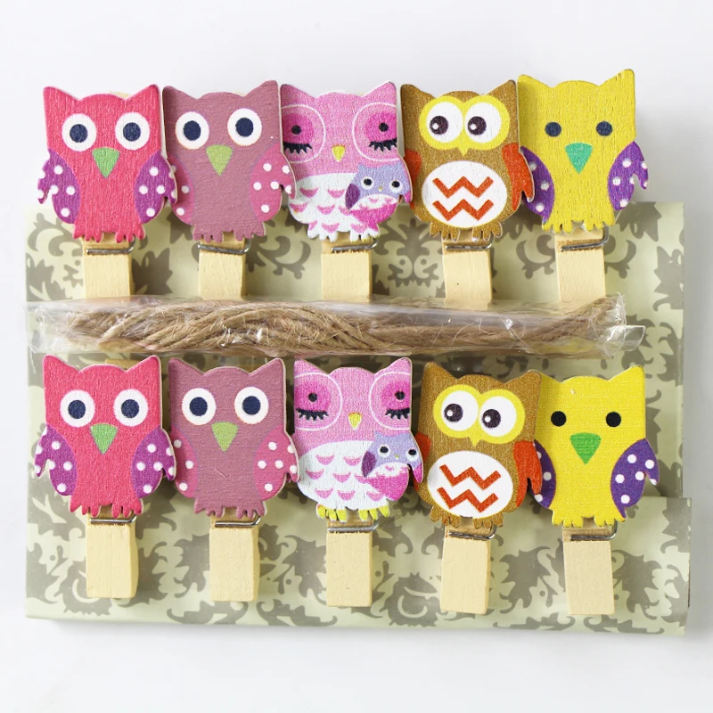 

10 pcs Mini Cartoon owl Wooden Clip Bookmark Decorations Peg Pin Craft Clips Christmas Cards Photo Paper Clip Hemp Rope