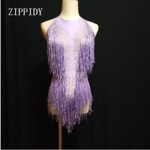 Fashion Purple Red Fringes Rhinestones Bodysuit Dance Show One-piece Sexy Costume  Leotard Female Singer clothing