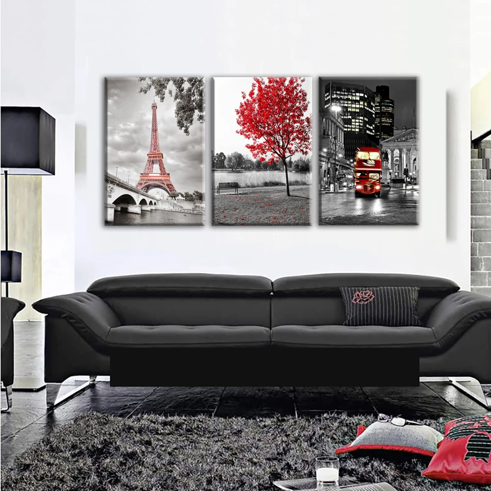 

JIE DO ART Canvas Wall Art Pictures Framework Home Decor Room Poster 5 Pieces Paris Modern Eiffel Tower Car Red Maple