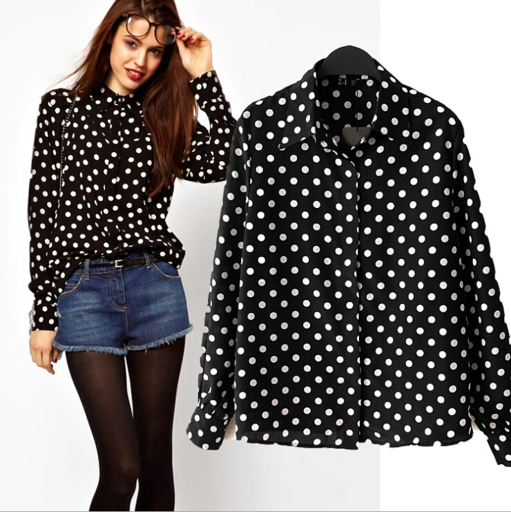 

2019 New European Style Black Polka Dot Ladies chiffon shirts fashion Long sleeve large size loose Blouses Tops Wholesale retail