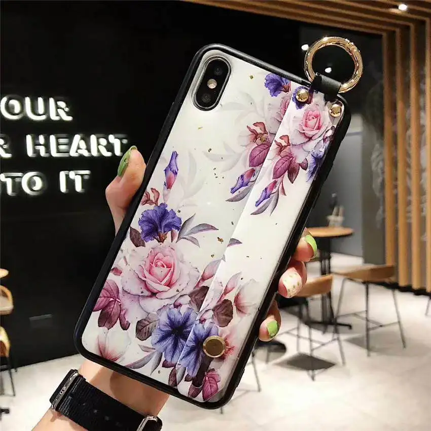 Soft Phone Back Cases For iPhone XR XS MAX 6s 8 7 Plus Luxury Retro Rose Flower Pattern Holder Stand Covers With Wristband Coque |