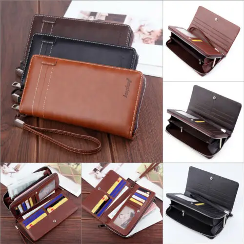 Мужской длинный кожаный кошелек двойного сложения с держателем для карт клатч