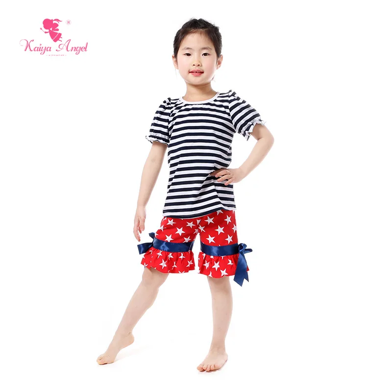 

2018 summer girl clothing navy stripe shortsleeve girl shirts red with white star ruffle girl shorts set wholesale kids clothes