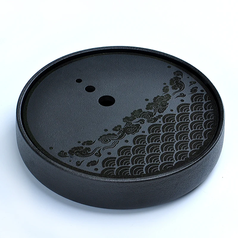 Винтажная черная керамика в японском стиле круглый маленький поднос для чая