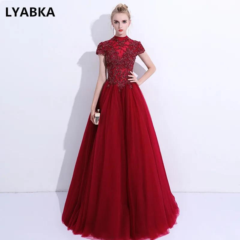 Вечернее платье длинное модное с высоким воротом коротким рукавом 2019|Вечерние