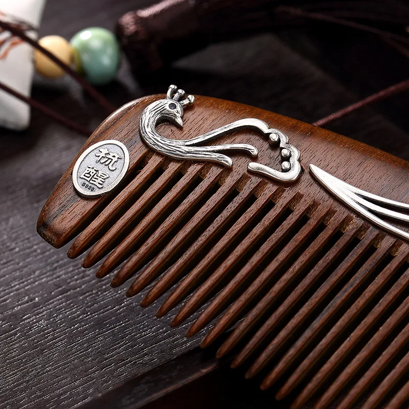 LouLeur 925 sterling silver sandalwood wood Hair Combs peacock mosa for women gift | Украшения и аксессуары