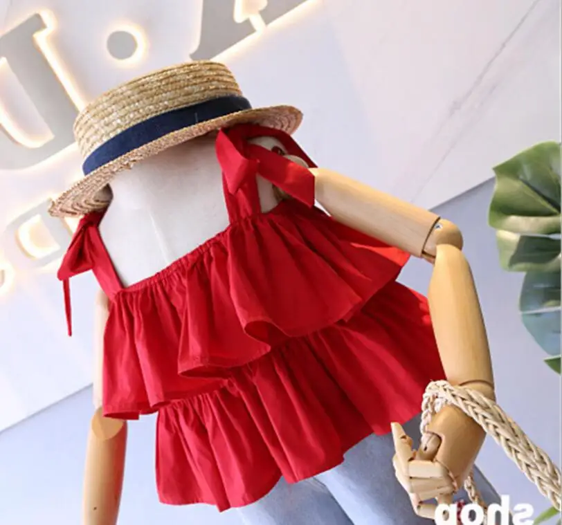 Корейский стиль 2019 летний хлопковый красный топ для маленьких девочек с оборками