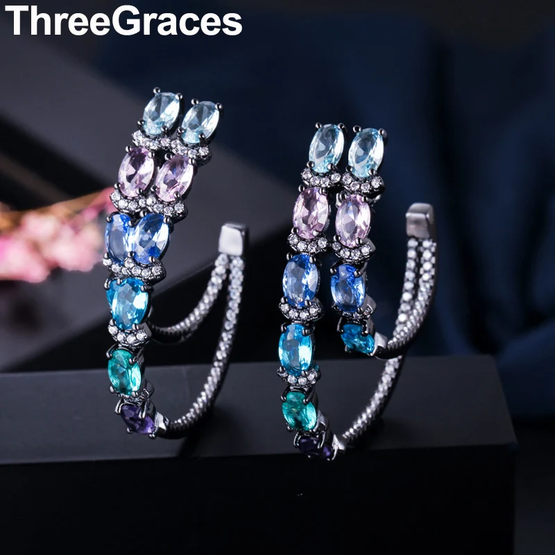 ThreeGraces новые модные богемные многоцветные овальные чешские камни большие двойные серьги-кольца для женщин ювелирные аксессуары ER070
