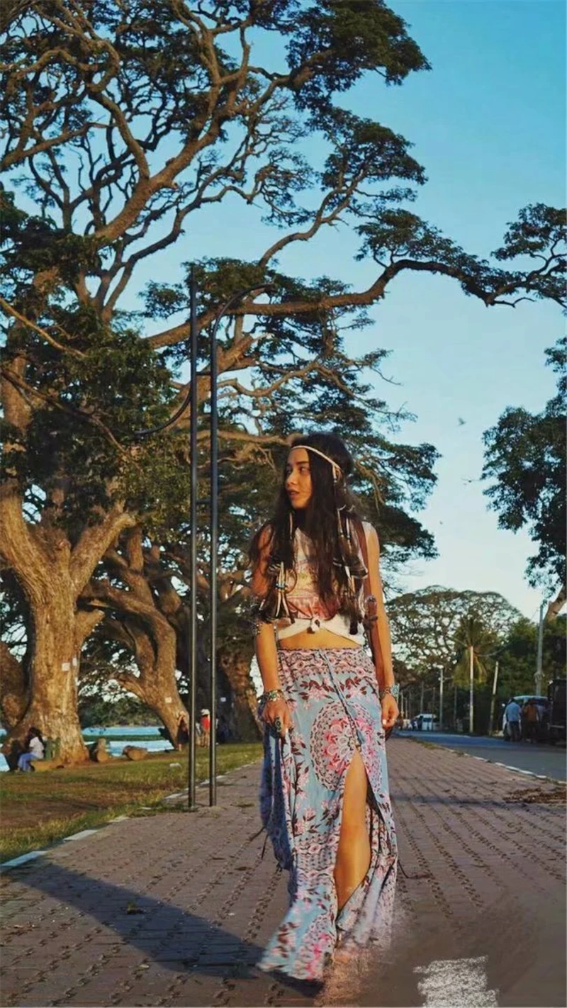 Boho chic women summer Hippie beach skirt Mesh stitching cute floral printed Bohemian long maxi skirt female oversize