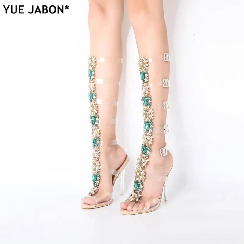 Woman Sandal Boots Rhinestone Lady Knee High Boots Thin High Heels Stiletto Crystal Dress Summer Shoes Sandalias Bohemia Style
