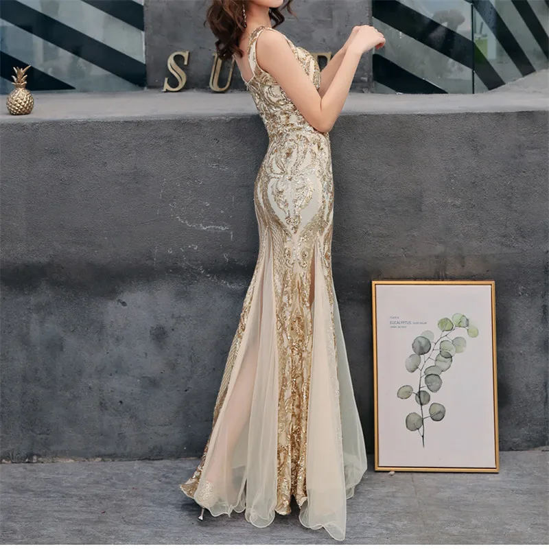 Блестящее Золотое платье с блестками и v образным вырезом без рукавов элегантные