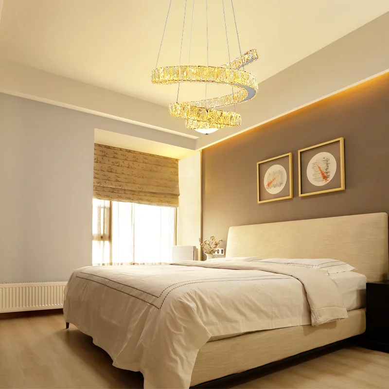 

Modern minimalist creative living room stainless steel gold shaped line cut crystal LED chandelier ring staircase chandeliers