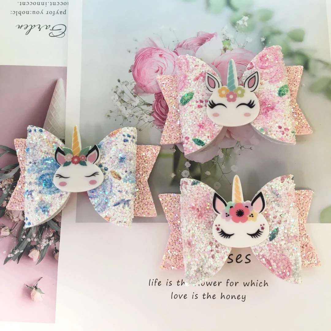 

7pcs/lot Unicorn Hair Bows Pink Glitter Grils Hair Clips Sring Summer Hair Accessories Boho Headwear Hair Styling
