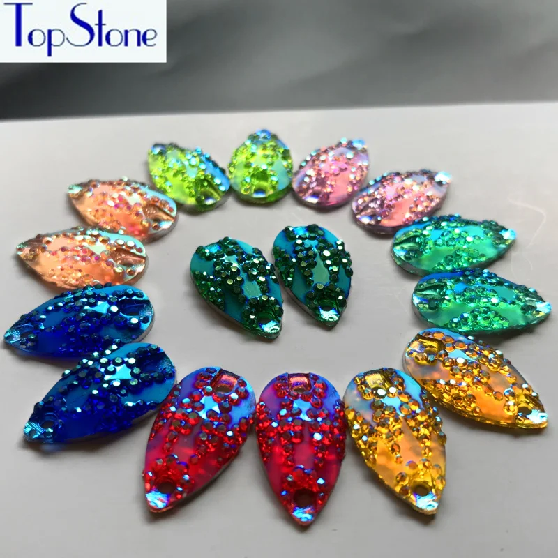 TopStone 100 шт. 11x18 мм каплеобразные пришивные стразы новые цвета AB каучук для