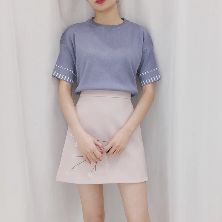Женская юбочка с высокой талией весенняя Корейская цветочной вышивкой|skirt
