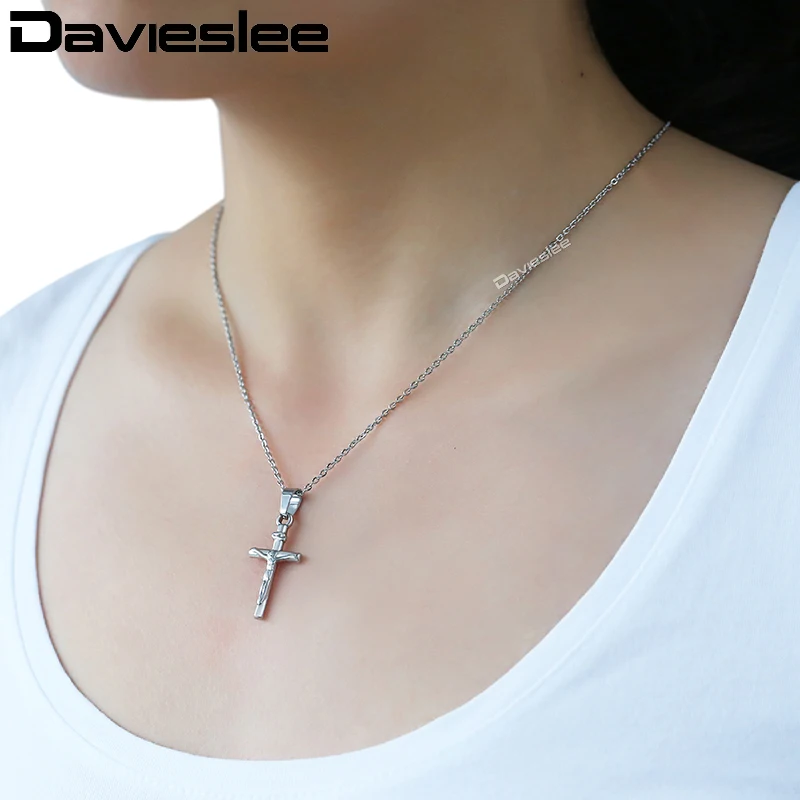 Davieslee Jesus Christ Cross Pendant Necklace for Women Gold Silver Color Stainless Steel Chain Rolo Link LKNM148 | Украшения и