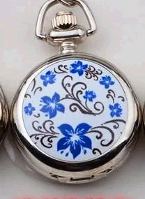 

10pcs /lot good quality silver enamel Quartz pocket watch Green Flower Porcelain pattern Pendant necklace