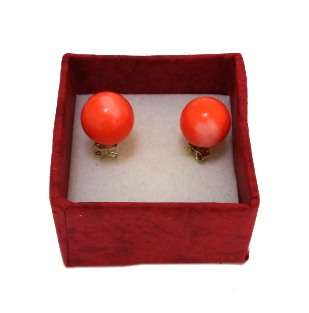 Круглая оранжевая Коралловая Серьга 10 мм с пусетом из стерлингового серебра 925