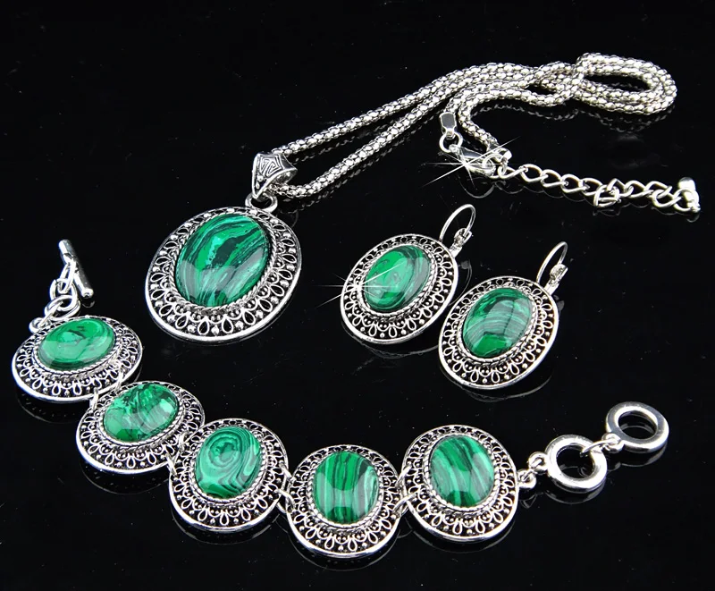 Винтажная антикварная серебряная овальная из натурального малахита 3 шт. набор