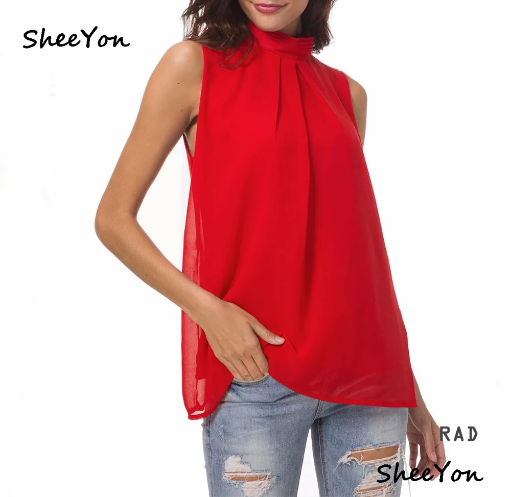 Sheeyon 2018 новые женские шифон Твердые Двойной водолазка воротник Топ без рукавов