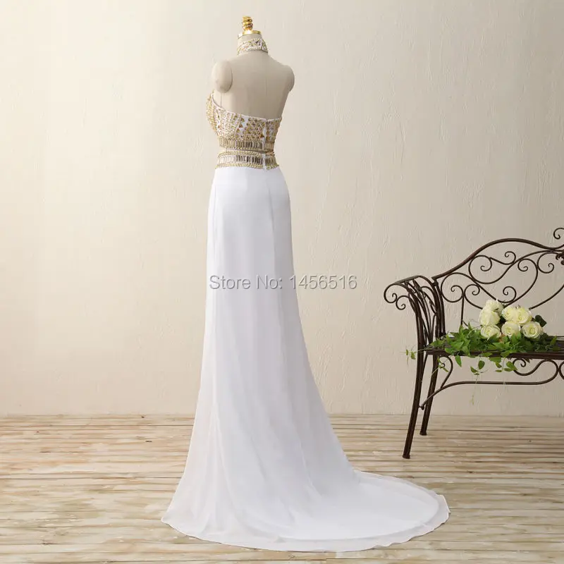 

Real Sample Mermaid Middle Slit White and Gold Crystal vestidos de gala galajurken Party Dresses Two Piece Prom Dresses