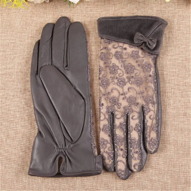 dark grey Новые женские перчатки из натуральной кожи, кружевные осенне-зимние Утепленные перчатки из овчины, женские короткие Стильные варежки для вождения L156NC - Цвет: dark grey