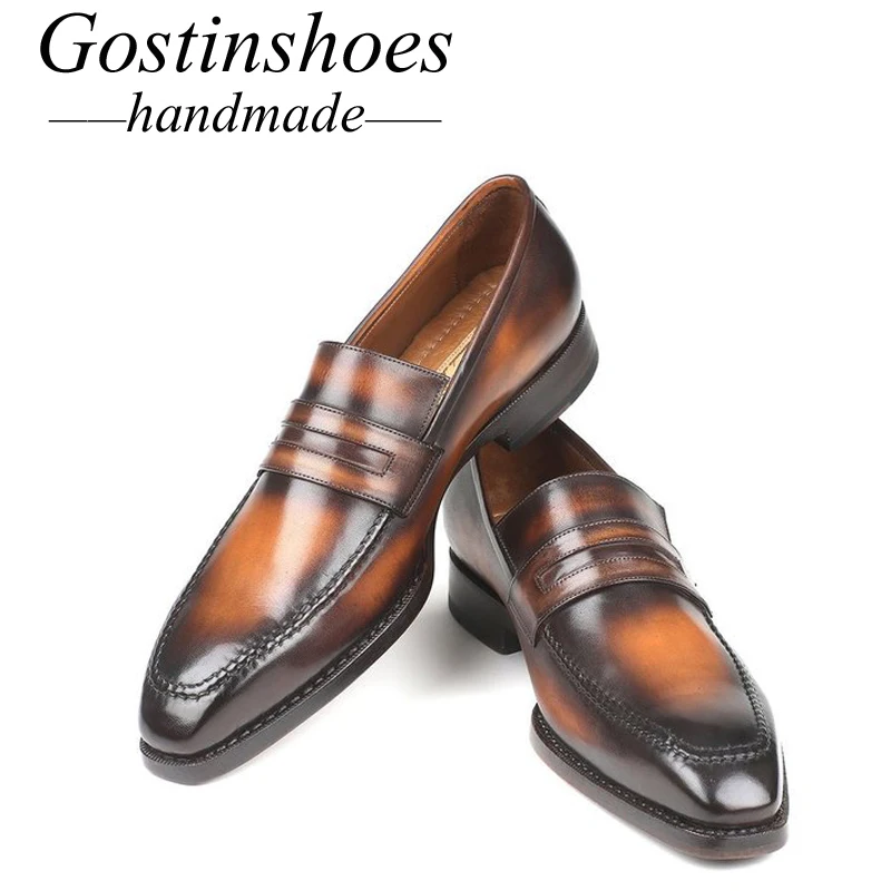 GOSTINSHOES/Роскошные мужские мокасины ручной работы коричневого цвета, расписанные вручную, без шнуровки, из натуральной кожи, Goodyear, повседневная мужская обувь, SCT02