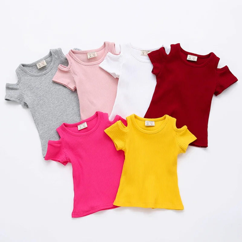 Baby Girls Clothes Short Sleeve Kids T Shirts  Children Solid color T-shirt Summer 100% Cotton Soft Tops Bare Shoulder Baby Clot