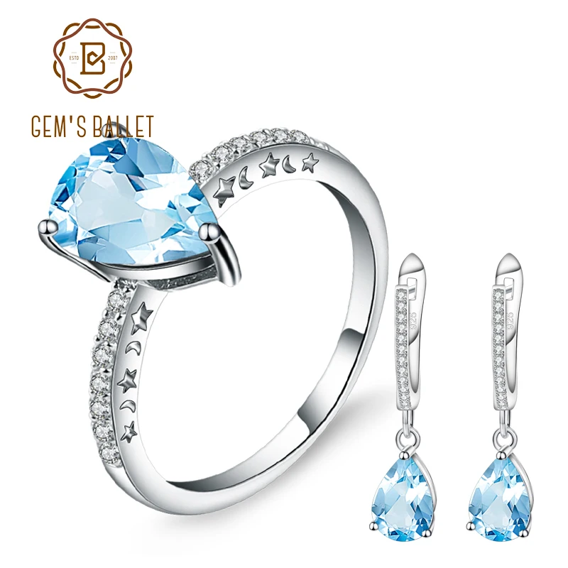 GEM'S BALLET 2.4Ct Sky Blue Topaz Water Drop Rings Earrings 925 Sterling Silver Natural Gemstone Fine Jewelry Set For Women | Украшения