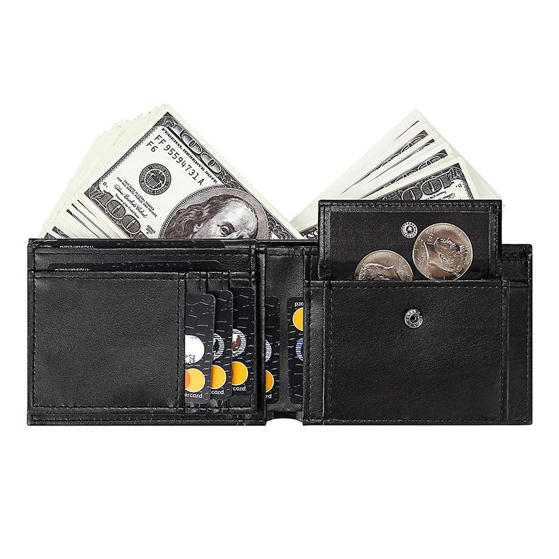 Черный мужской короткий кошелек 7 типов маленький с карманом для монет деловой
