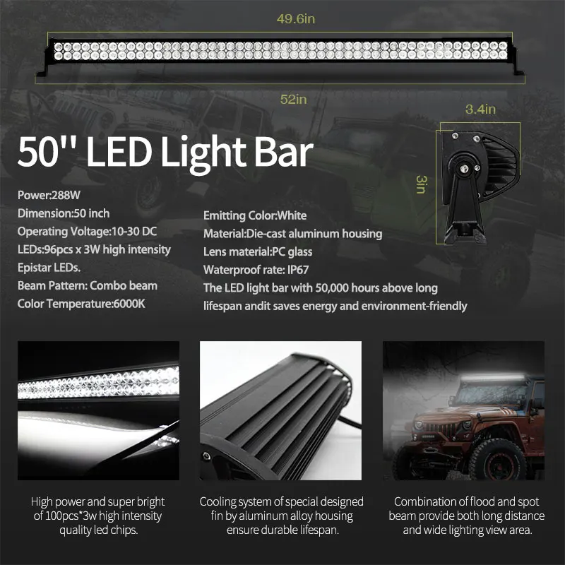 DERI 50inch 288W Offroad Dual Row Straight Combo LED Light Bar 4inch led work light Mount Brackets for Jeep Wrangler TJ 97-06 | Автомобили