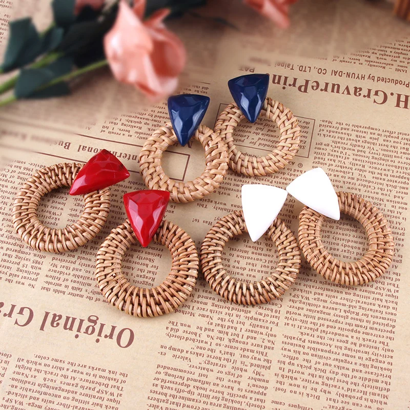 Винтажные деревянные круглые серьги модные массивные ручной работы из плетеного