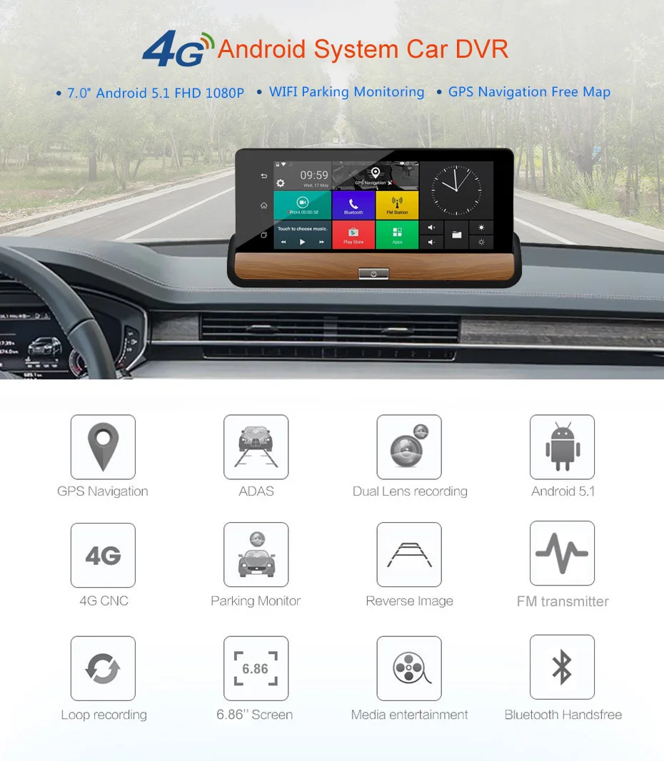Olysine " 3G/4G ADAS Автомобильный видеорегистратор камера WiFi Android gps навигация 1080P видеорегистратор Dashbord авто видеорегистратор Регистратор