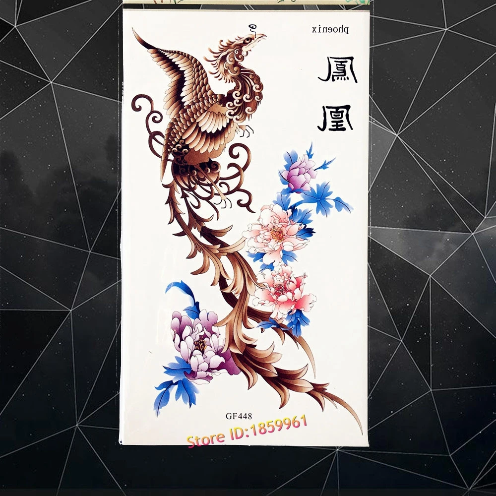 Большой Феникс Nirvana Летающий Временные татуировки Пион цветок Водонепроницаемый