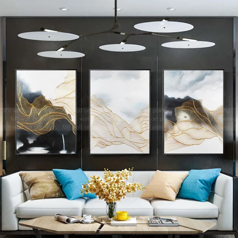 3 pieces gold line abstract painting on canvas wall art pictures for living room home wall decor original thick texture quadro
